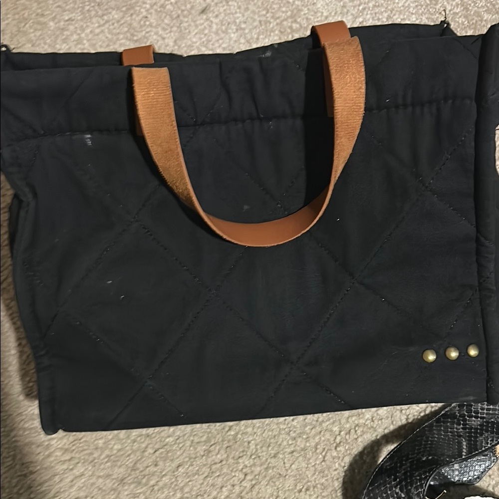 Black Quilted Tote Bag with Tan Handles